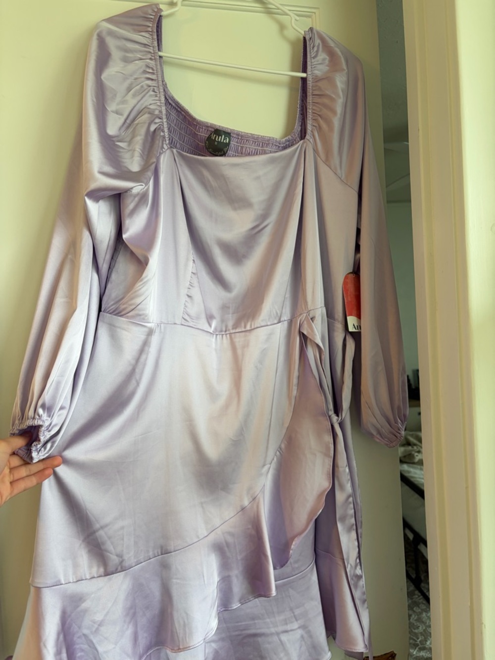 ARULA Lilac Satin Long Sleeve Ruffle Dress